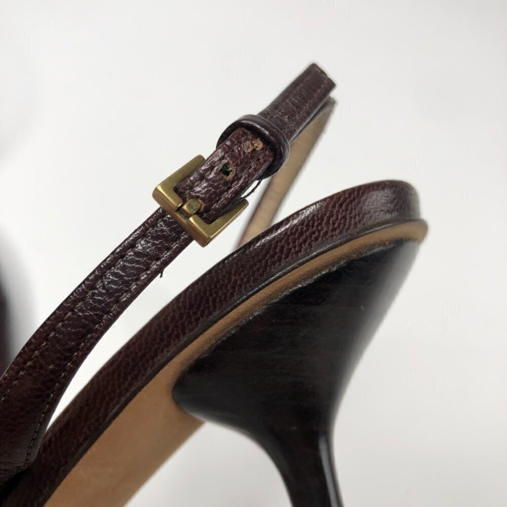 VINTAGE Gucci Leather Chocolate Brown Square Toe Slingback Designer Luxe Heels - Picture 10 of 16